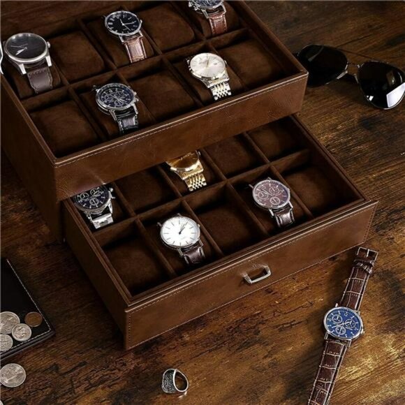 20 Slot Watch Box Organizer Display Case Glass Lid Leather Storage for Men - Picture 2 of 7